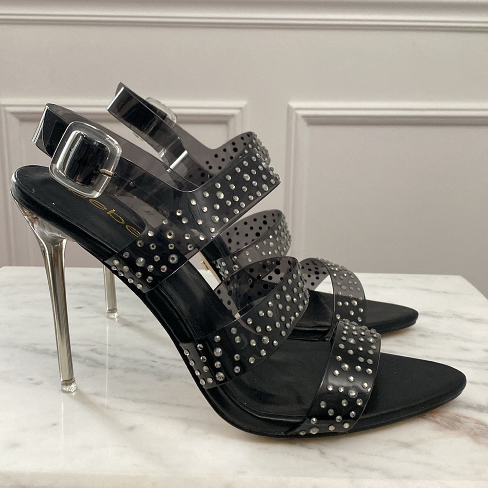 Bebe Rhinestone Lucite Sandals